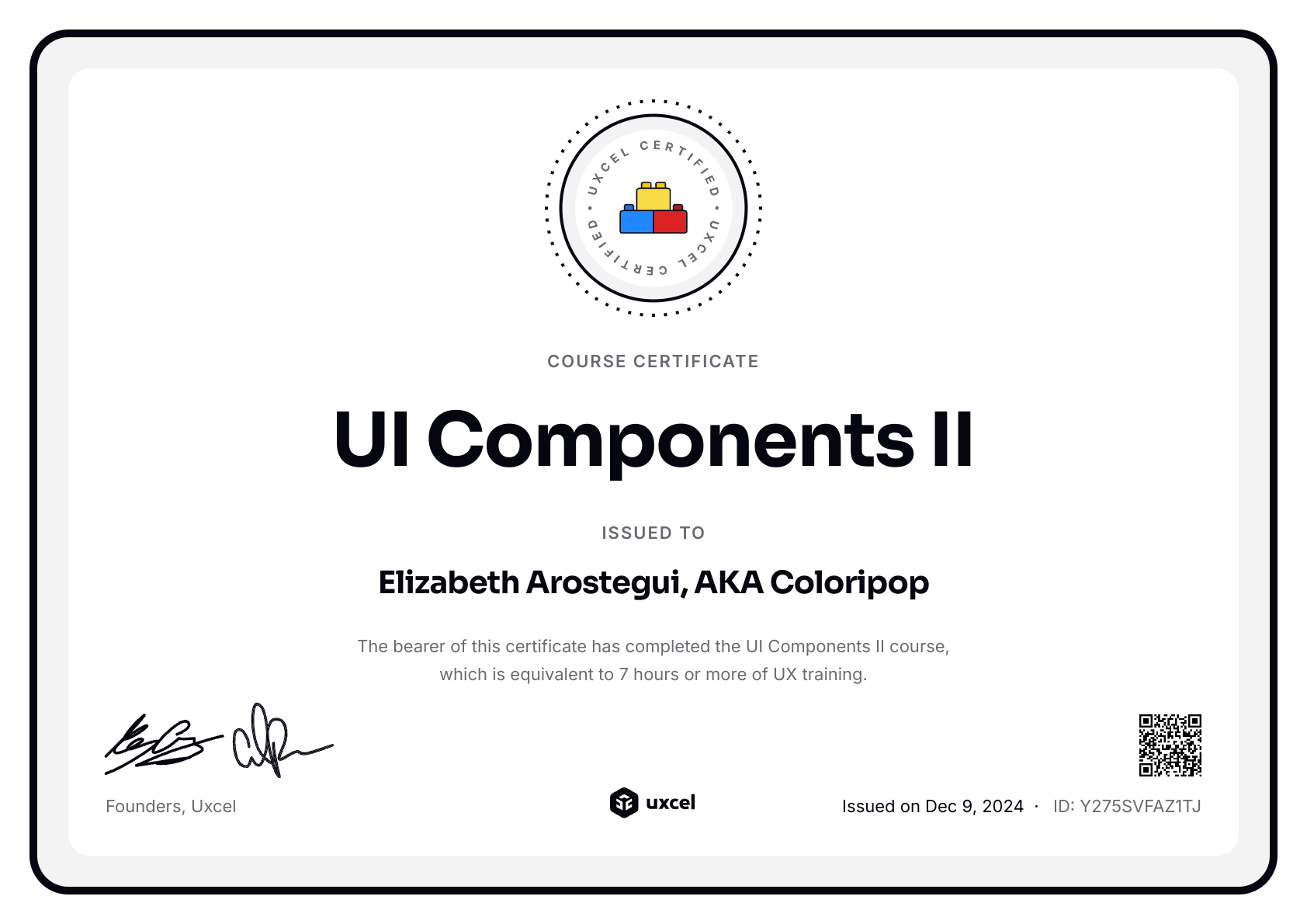 Elizabeth Arostegui, AKA Coloripop's certificate